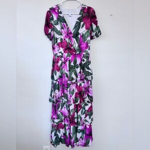 Alexa B Dress Size 14 Floral Ruffled Tiered Dress Pink Green White V Neck